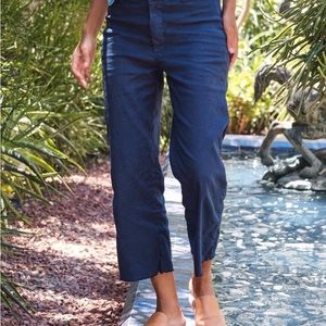 Frank & Eileen Kinsale Linen Pant Navy Blue Raw Edge Hem Frayed High Rise 8